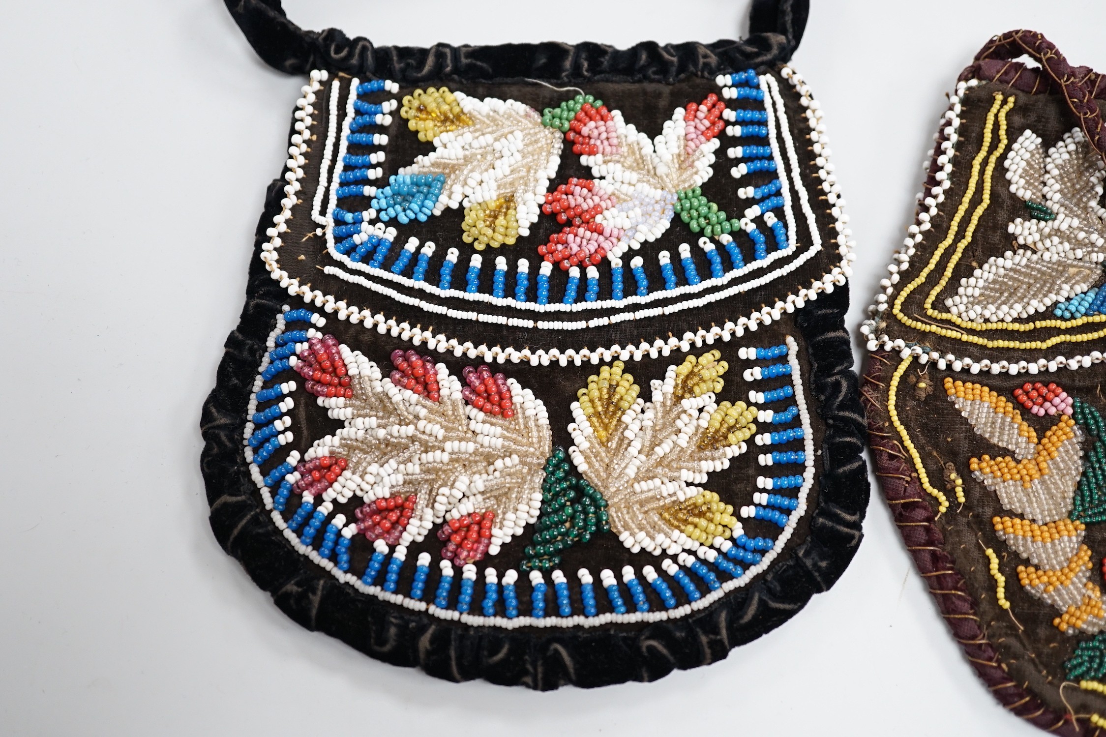 Three mid to late 19th century Haudenosaunee (Iroquois) North American Indian glass beaded velvet bags